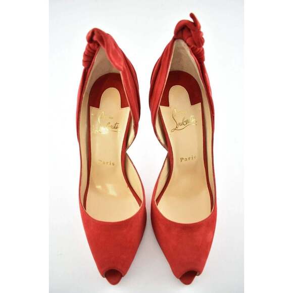 Christian Louboutin Barbara 100 Oeillet Red Suede Peep Toe Bow Heel Pump 39.5 - Picture 5 of 9